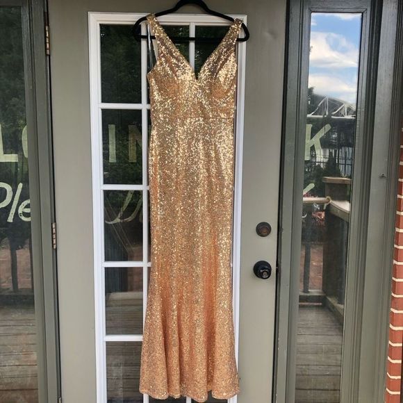 Crystal Doll 🐾 NWT Gold Copper Ombre Sequin Mermaid Prom Dress Size 9 - Picture 1 of 11